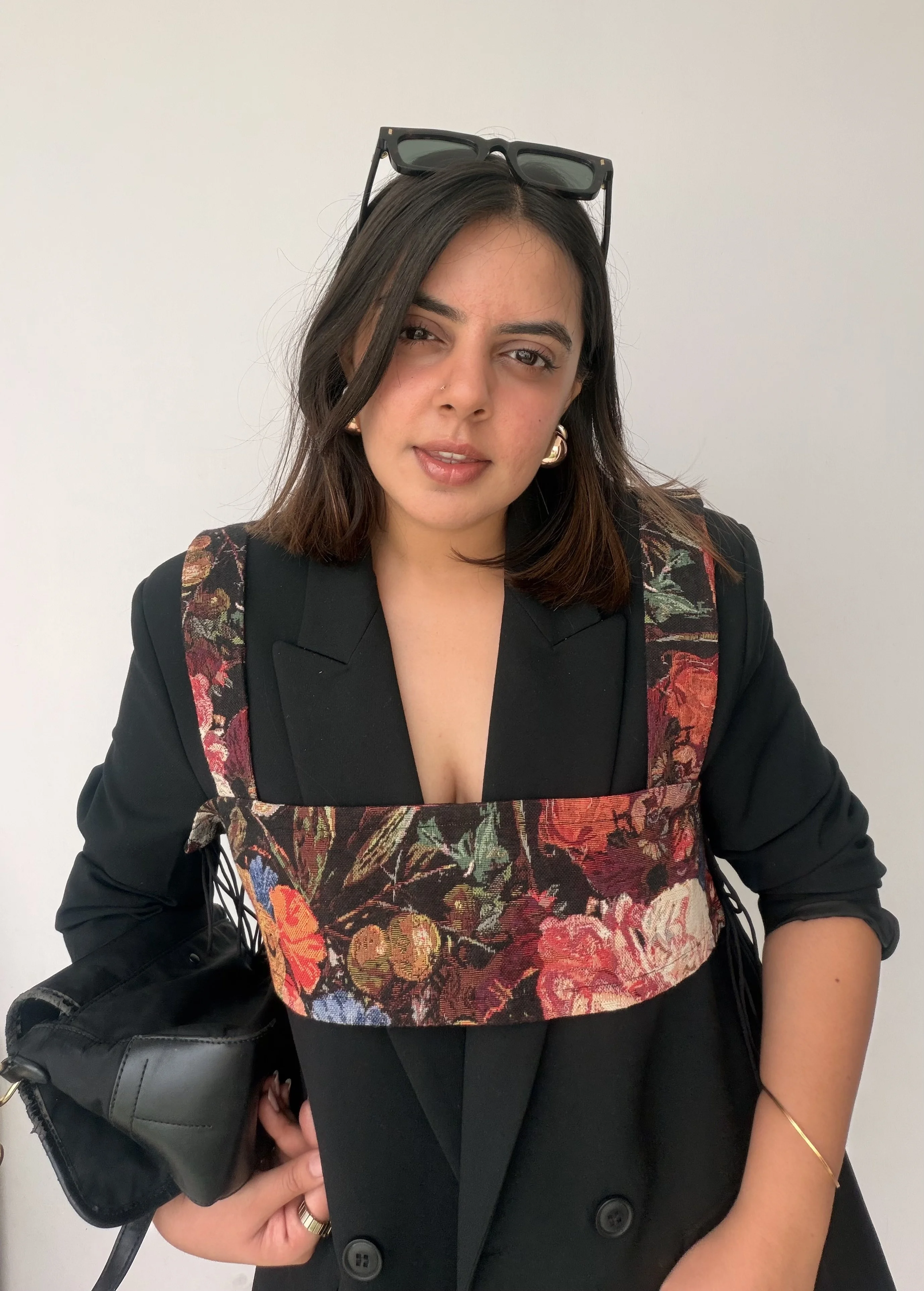 Mean Business accessory, a structured woven harness bib with embroidered textile