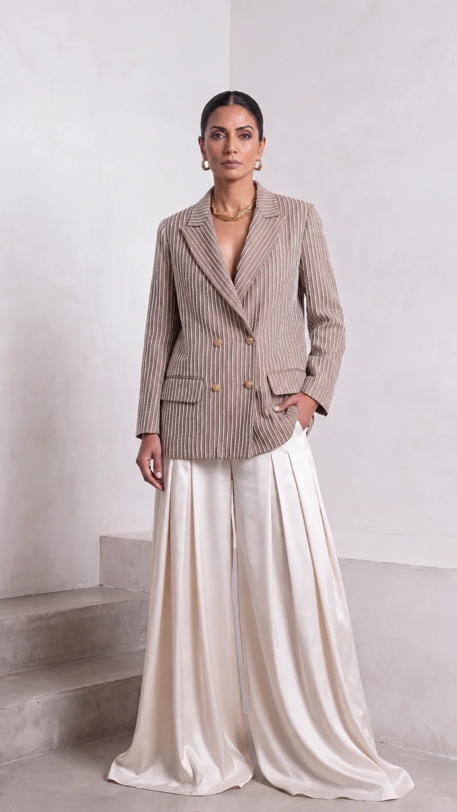 EOD Signature blazer in taupe with pearl-beaded detailing