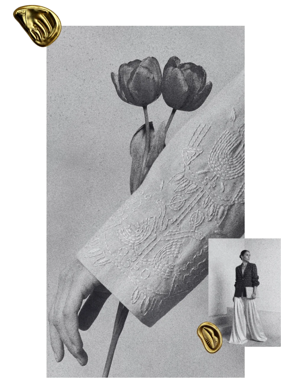 Editorial collage of hand embroidered blazer fabric detail by Cago