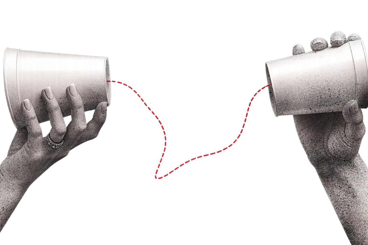 Two hands holding cups connected by a red dashed line — get in touch with Cago