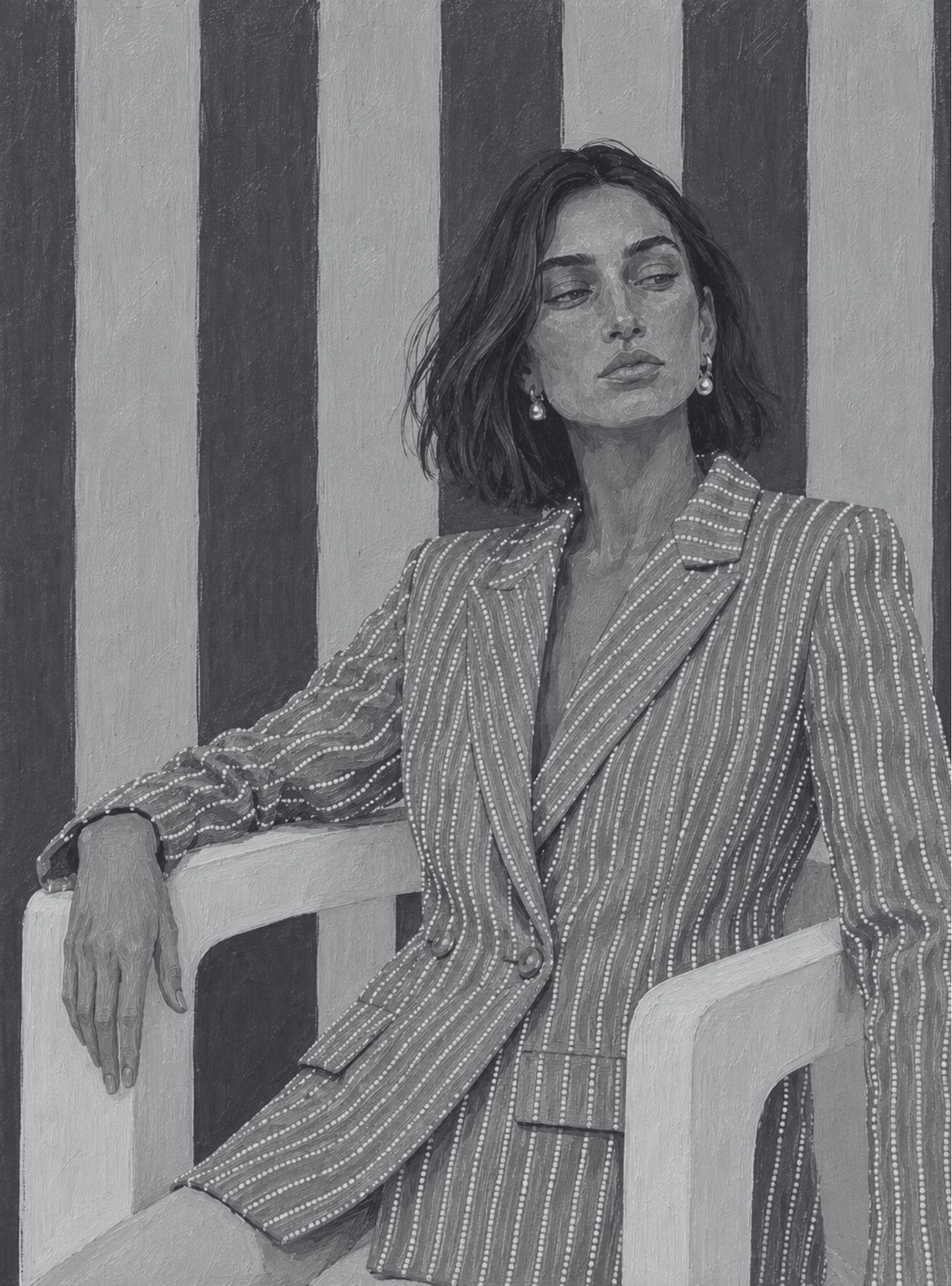 Illustrated portrait of a woman in a CAGO striped blazer, seated and looking away