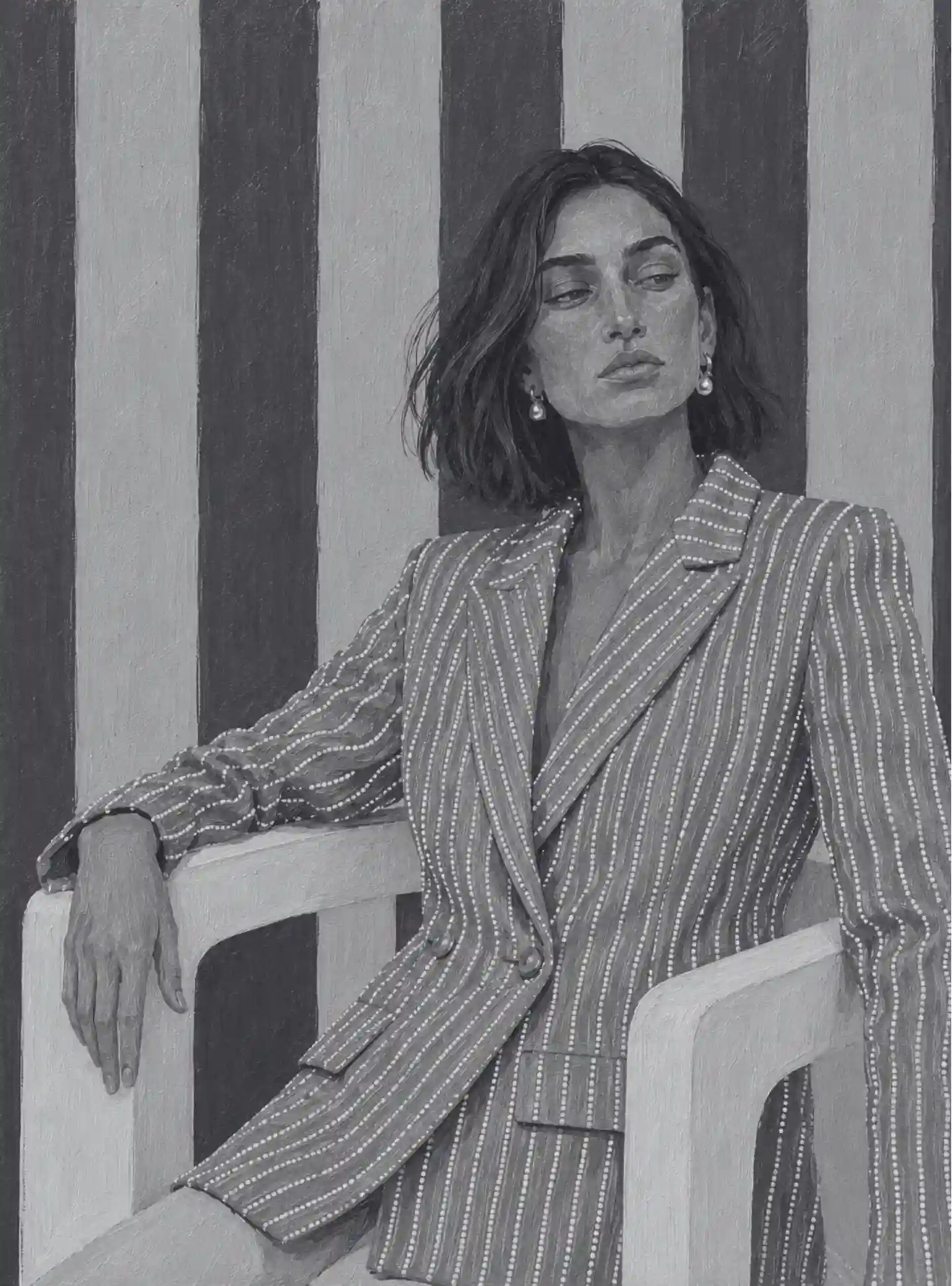 Editorial portrait of a woman wearing the EOD blazer, seated in a chair and looking away