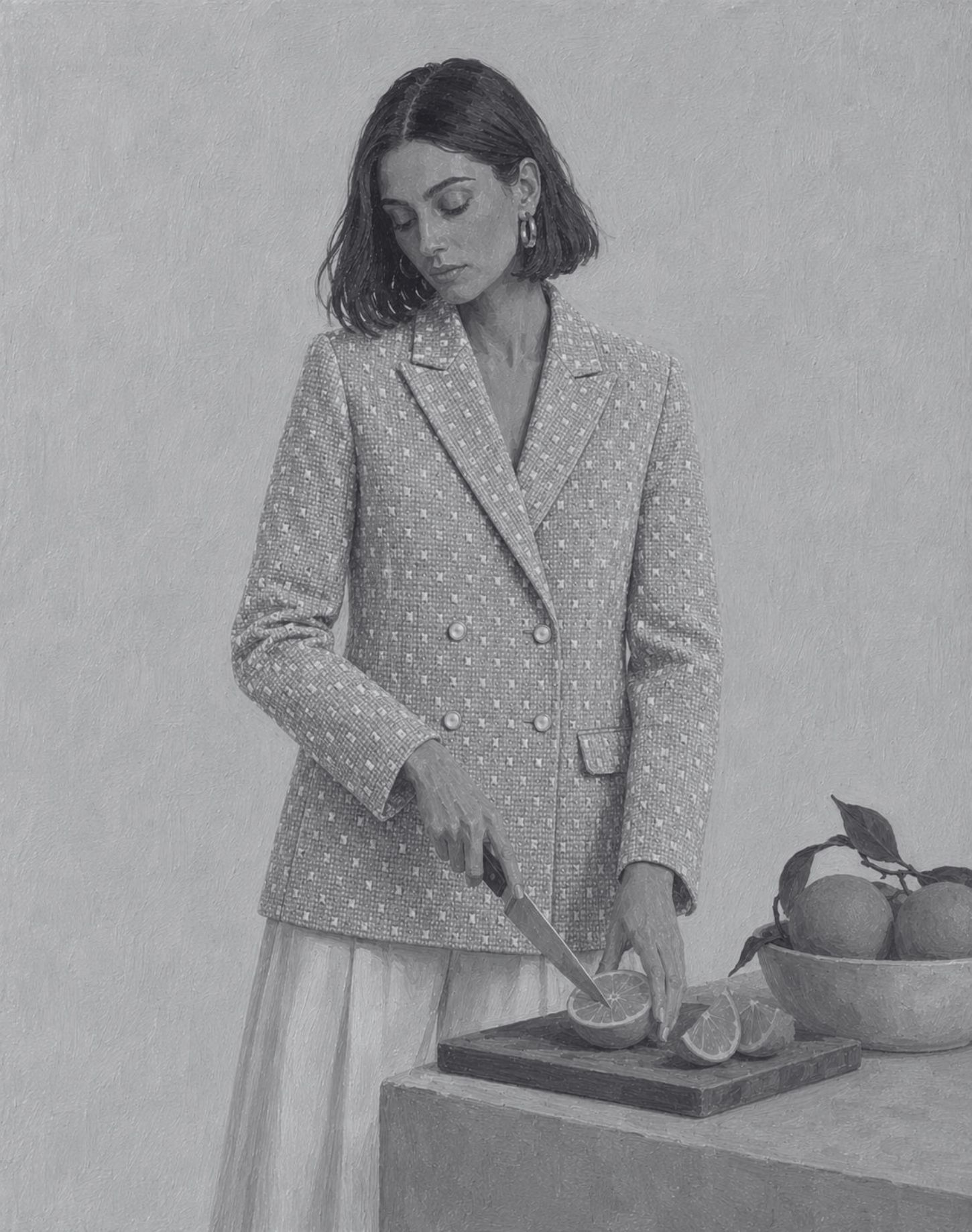 Illustrated portrait of a woman in a CAGO double-breasted blazer slicing citrus at a kitchen counter