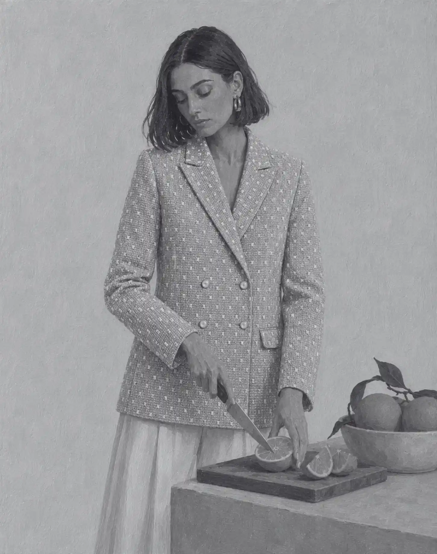 Editorial portrait of a woman wearing the Ping Me blazer, slicing citrus at a kitchen counter