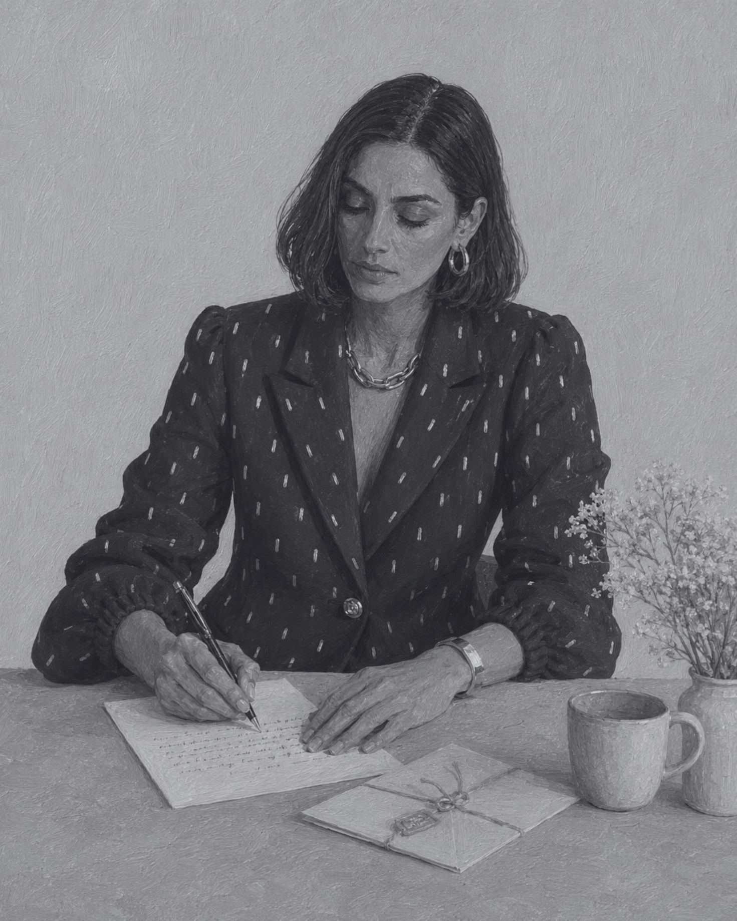 Illustrated portrait of a woman in a CAGO dark blazer writing a letter at a desk with flowers and coffee
