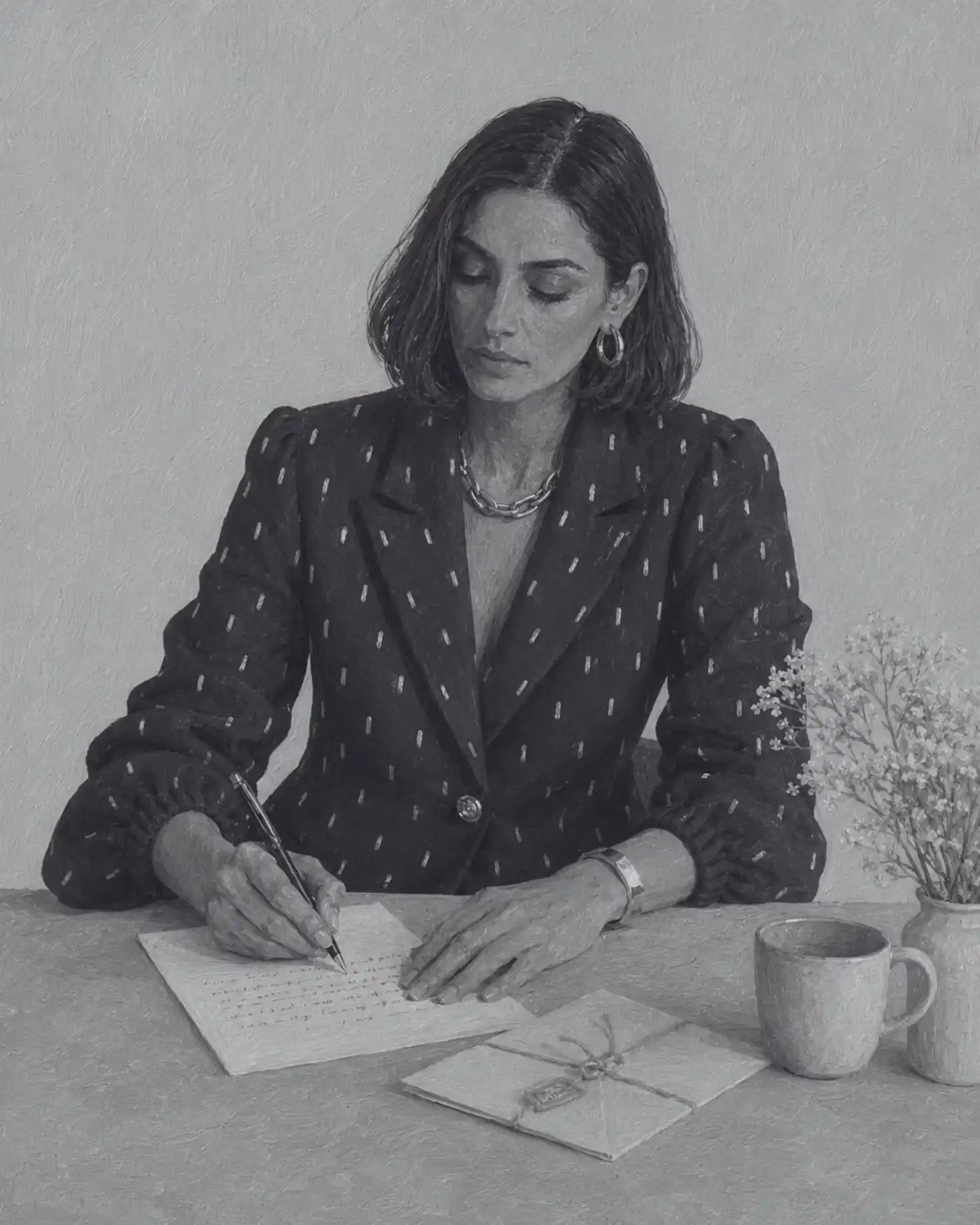 Editorial portrait of a woman wearing the No Notes blazer, writing at a desk with flowers and coffee