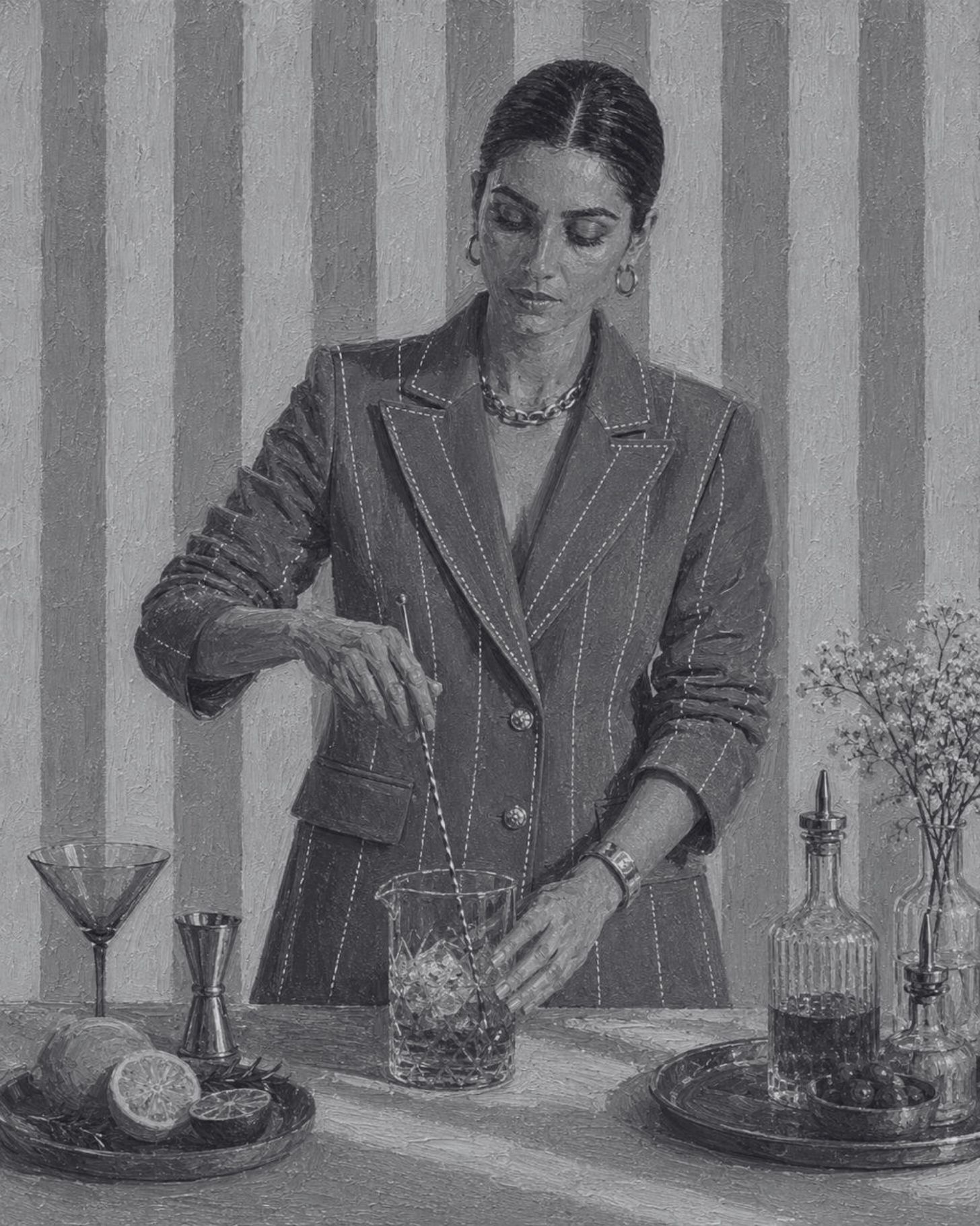 Illustrated portrait of a woman in a CAGO pinstripe blazer stirring a cocktail with bar tools and glassware