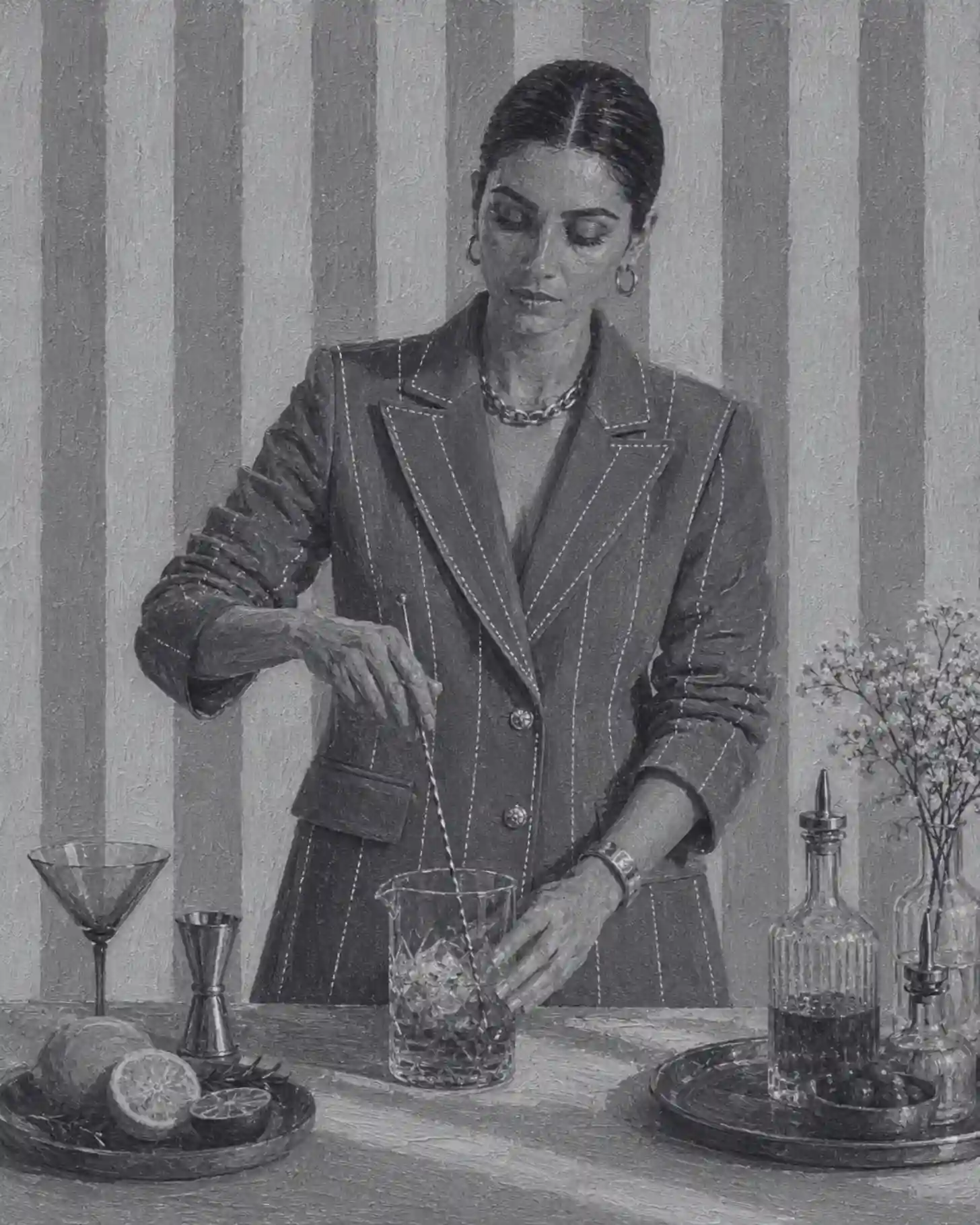 Editorial portrait of a woman wearing the Debrief blazer, stirring a cocktail with bar tools and glassware