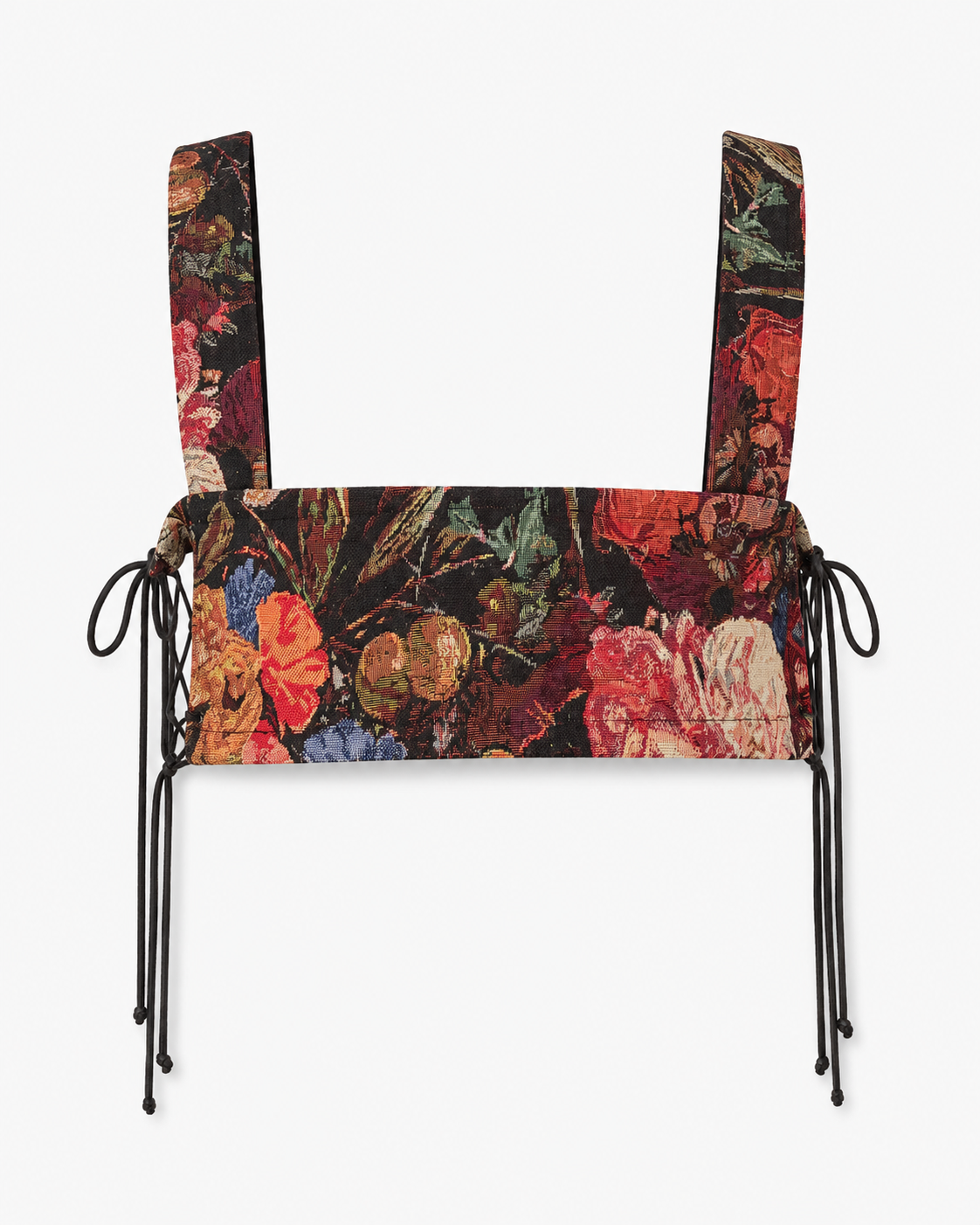 Front view of multicolour woven harness bib with shoulder straps and adjustable black side ties.