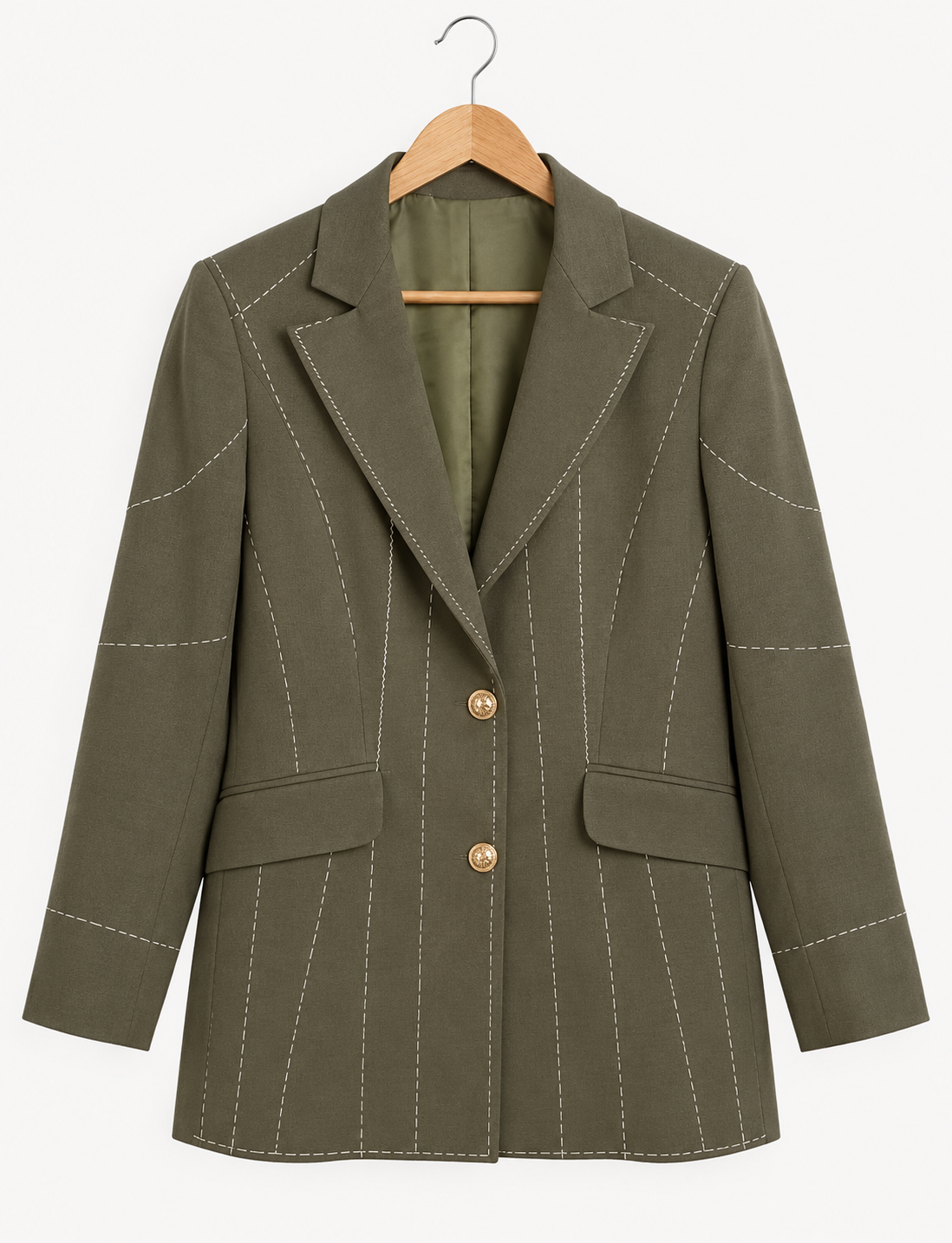 Front view of dark olive green Debrief blazer on a wooden hanger.