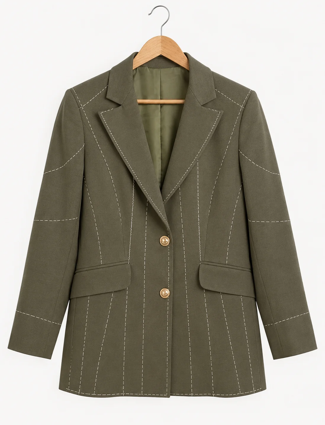 Front view of dark olive green Debrief blazer on a wooden hanger.
