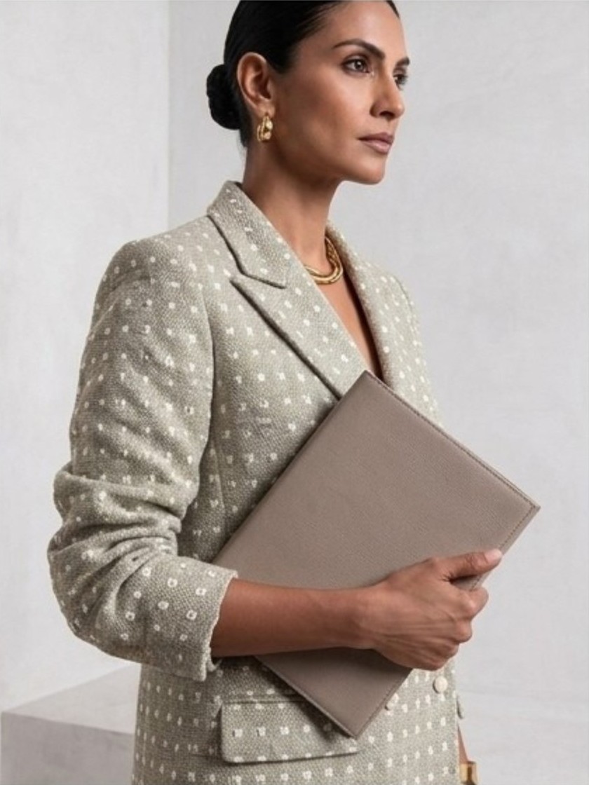 Side view of light sage green Ping Me blazer styled with a neutral clutch.