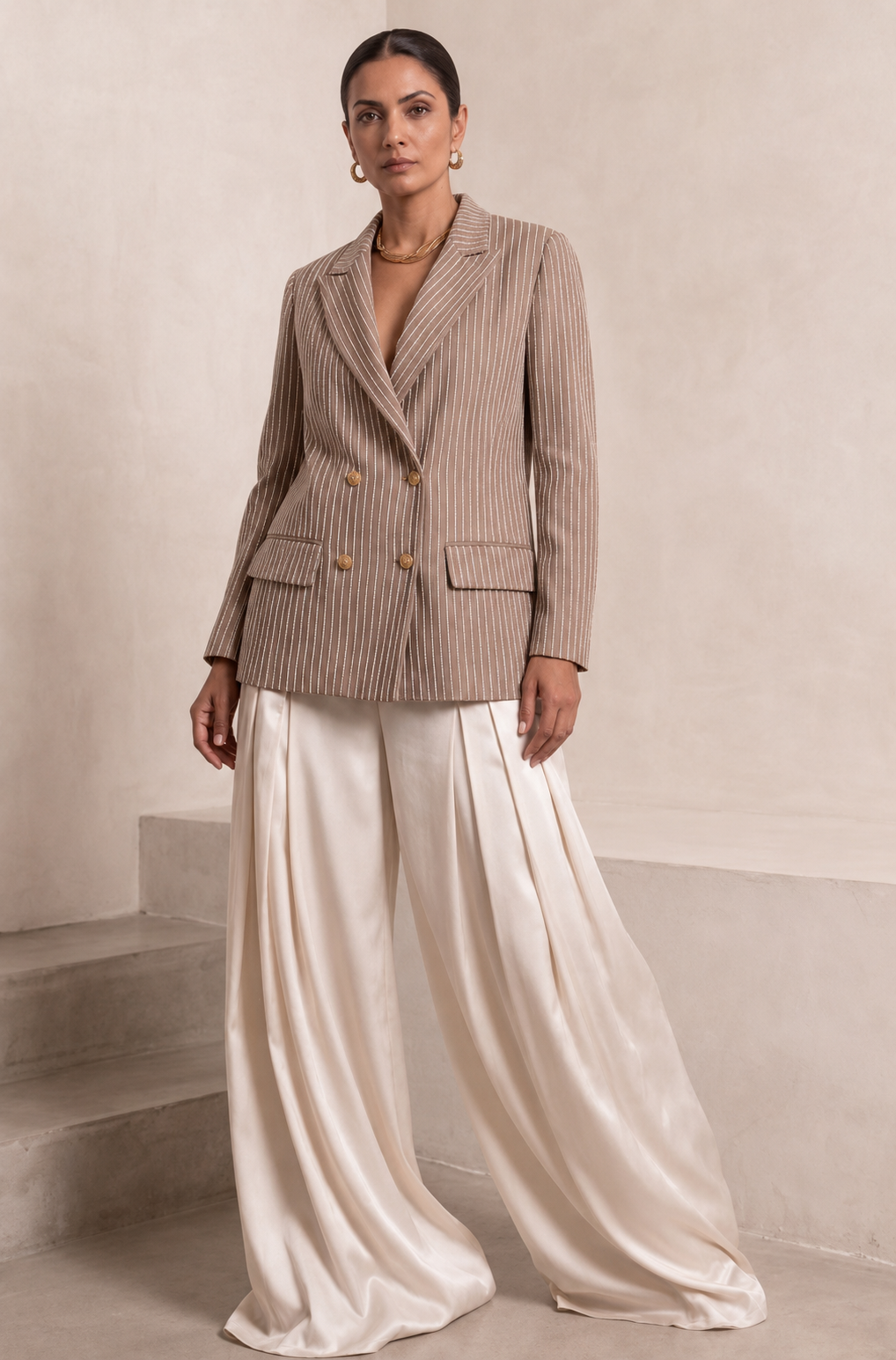 Front view of taupe EOD blazer with pearl-beaded stripes and gold lion-head buttons.