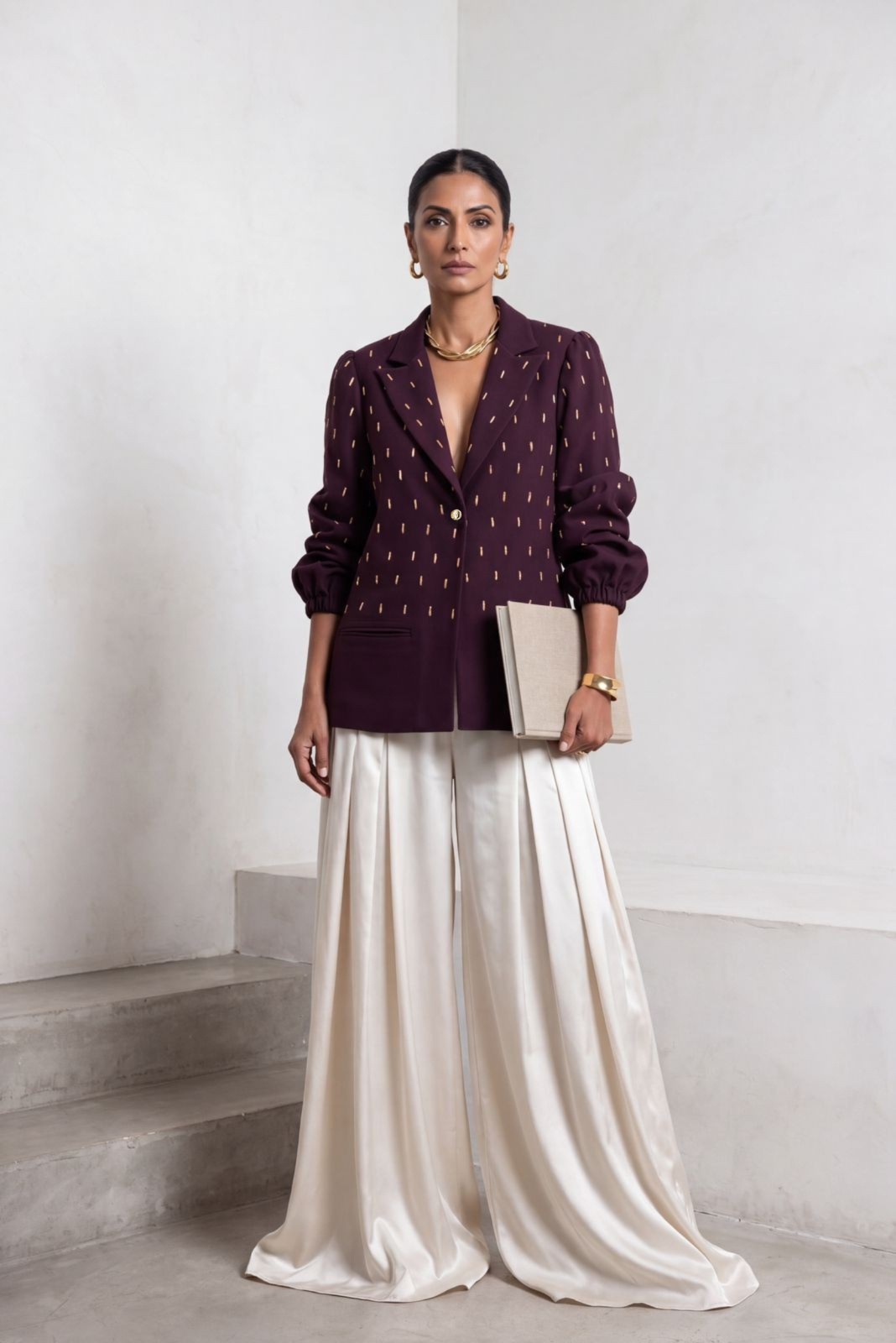 Plum embroidered blazer styled with ivory wide-leg trousers.