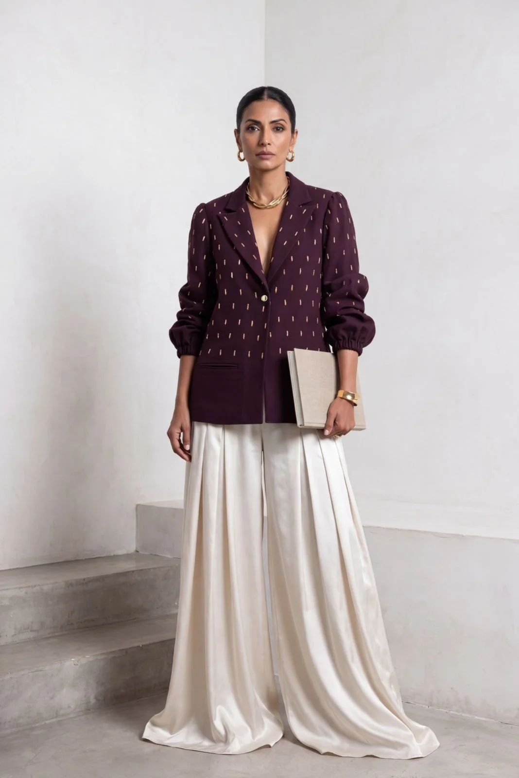 Plum embroidered blazer styled with ivory wide-leg trousers.