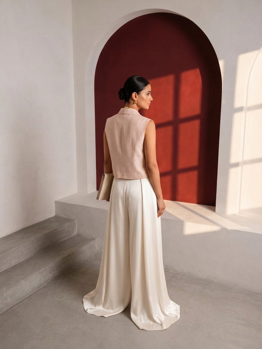 Back view of beige Disconnect tailored vest showing the clean back and center-back seam.