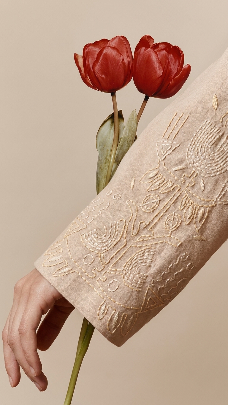 Close-up of tonal embroidery on the sleeve cuff of the beige Brainstorm blazer.