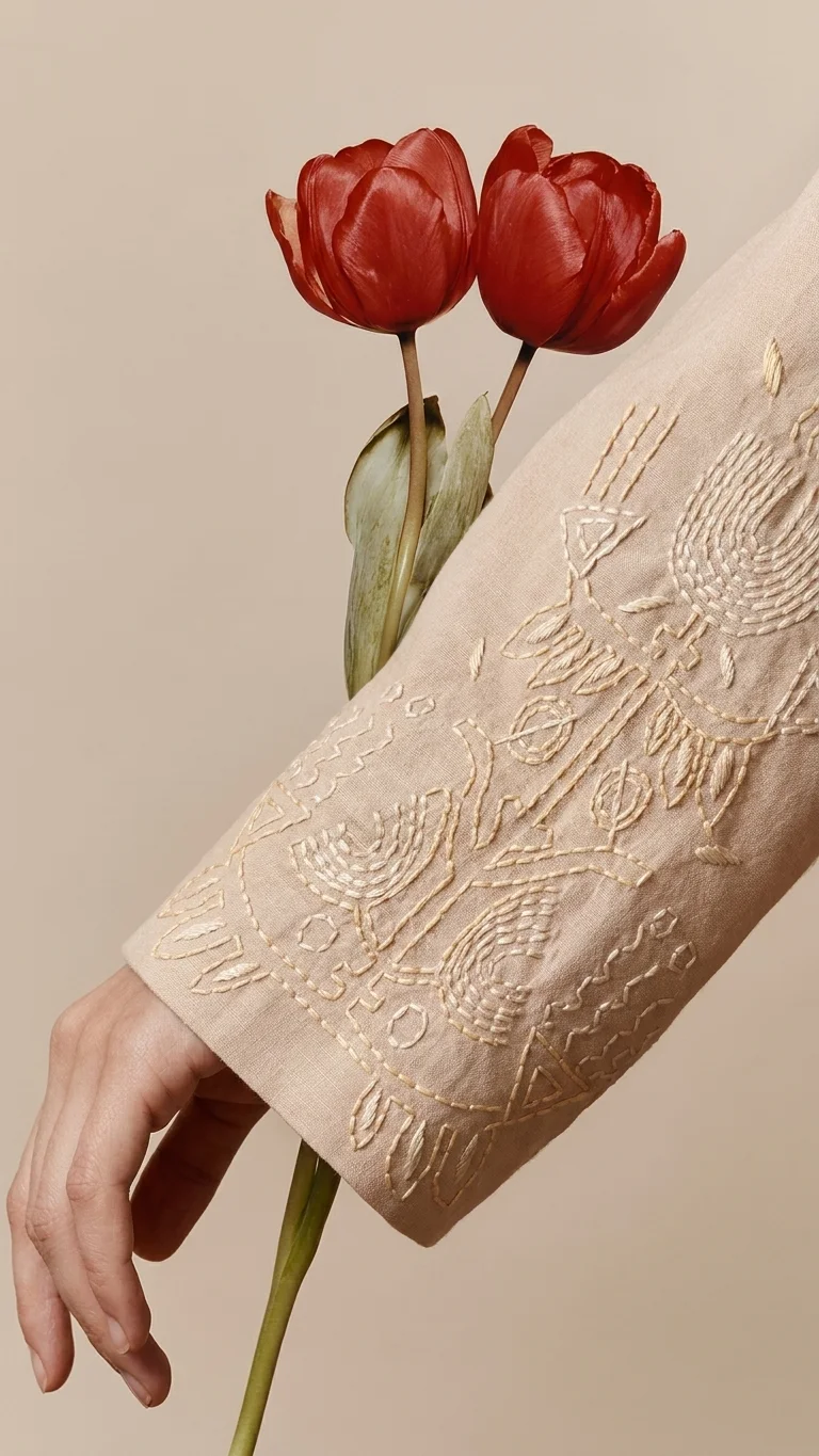 Close-up of tonal embroidery on the sleeve cuff of the beige Brainstorm blazer.