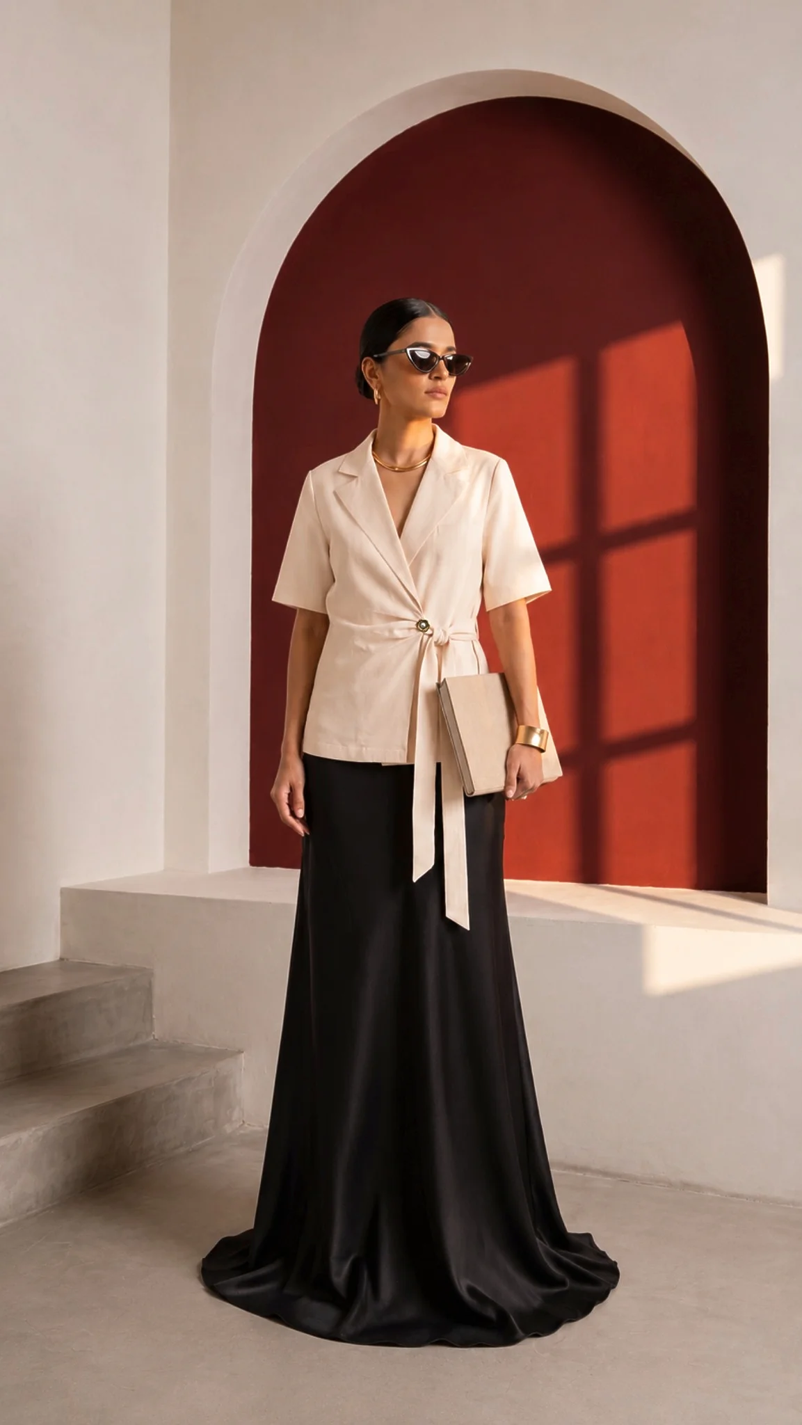 Cream Final Draft short-sleeve blazer with self-tie waist styled with a black floor-length skirt.