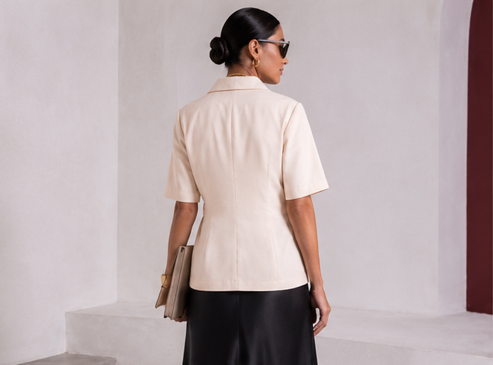 Back view of cream Final Draft short-sleeve blazer showing the clean tailored back.